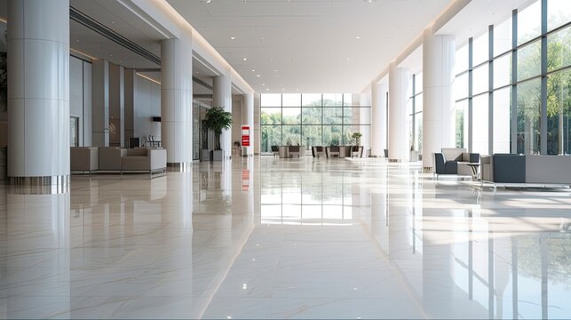 Clean and Shiny Marble Tile Flooring in Commercial Office Lobby Interior. Generative AI