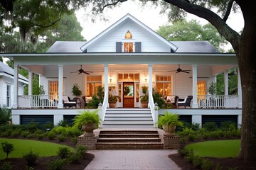 Southern Home with Inviting Front Porch and Expensive Curb Appeal. Generative AI - obrazy, fototapety, plakaty