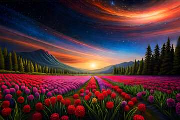 field of tulips and sunset