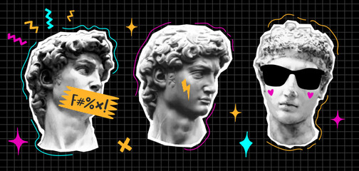 Popart collage grunge set with greece modern faces. Retro pop psychedelic vector halftone effect with of heads of antique statues of the goddess and mythical god. Grunge ancient surreal sculpture