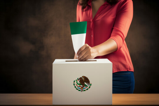 Happy Mexican woman casting vote into ballot box during election
