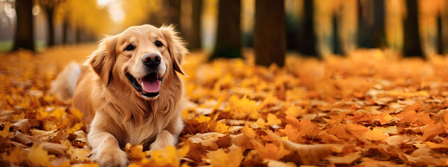 Happy golden retriever dog on Autumn nature background, wide web banner. Autumn activities for dogs. Fall Care Advice For Dogs. Preparing dog for walks in autumn and fireworks.
