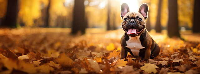 Happy French Bulldog dog on Autumn nature background, wide web banner. Autumn activities for dogs. Fall Care Advice For Dogs. Preparing dog for walks in autumn and fireworks.