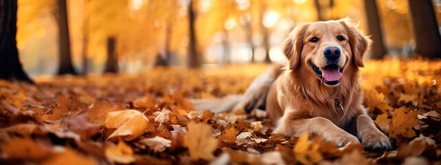 Happy golden retriever dog on Autumn nature background, wide web banner. Autumn activities for...