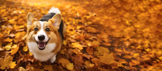 Happy Corgi dog on Autumn nature background, wide web banner. Autumn activities for dogs. Fall Care Advice For Dogs. Preparing dog for walks in autumn and fireworks.