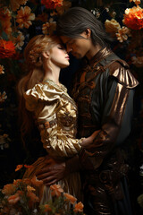 Love's portrayal in history: Almost-touching lips, medieval garb, and an embrace to make any romance novel cover unforgettable. - obrazy, fototapety, plakaty