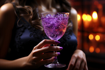 A woman's hand with long nails holds a glass with a Halloween-style cocktail in a gloomy and mystical setting. Fancy cocktail for Halloween.