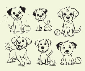 doodle collection set of illustrations of dogs playing ball