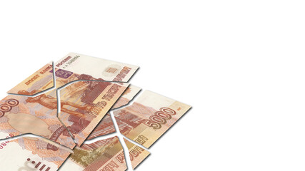 Financial and economic illustration. Broken banknotes of the Russian Federation, denomination of 5000 rubles. White isolated blank background. Sample form. Crisis and devaluation.