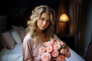 blonde girl with a bouquet of flowers
