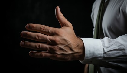 The man's hand makes a greeting gesture. Made in AI