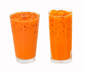 Iced milk tea color orange with crushed ice in glass on tall round, square shape fragrant sweet isolated on white background. Old-fashioned tea drink, popular in Thailand around world