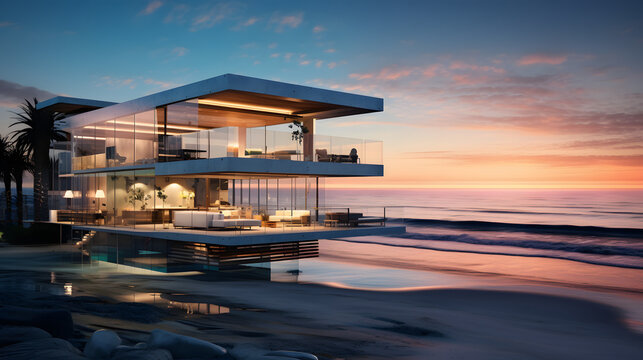 Beautiful glass home on an ocean beach at sunset. Luxury house
