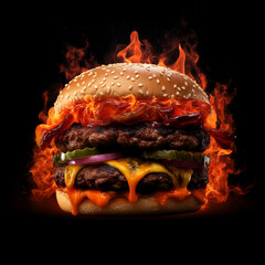 fire hamburger on black - 634380343