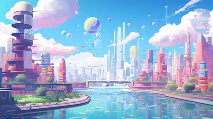 colorful pastel animation of futuristic city, cartoon style 
