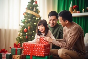 Fototapeta na wymiar A happy diverse Asian family celebrates Christmas