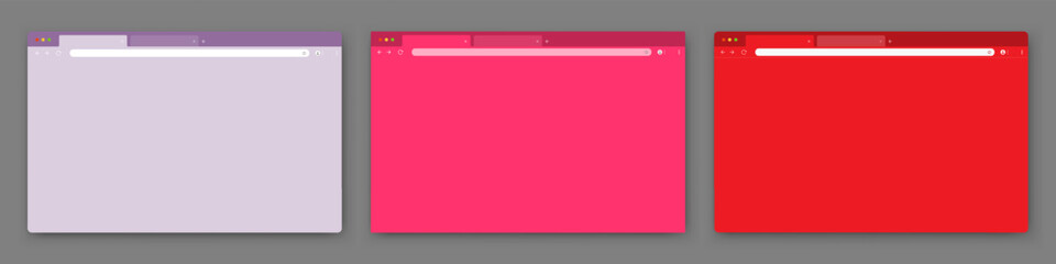 A set of three browser windows on a gray background. Website layout with search bar, toolbar and buttons. Vector illustration.