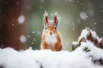 Foto op Plexiglas Eekhoorn Cute red squirrel in the falling snow, animals in winter. High quality photo