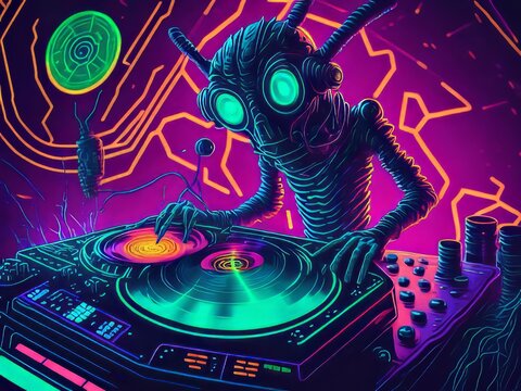 Un DJ alienígena girando discos en un club nocturno iluminado con luces de neón, rodeado de un caleidoscopio de colores