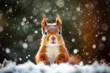 Schilderijen op glas Cute red squirrel in the falling snow, animals in winter. High quality photo © Starmarpro