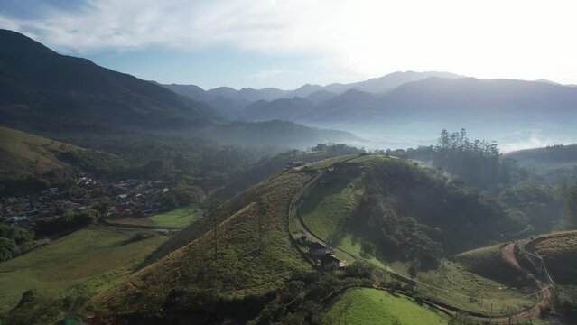 Drone view of Serra da Mantiqueira, in Sao Francisco Xavier, at dawn in the winter of 2023