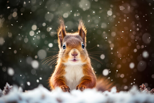Cute red squirrel in the falling snow, animals in winter. High quality photo