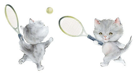 Little fluffy gray kitten tennis player holding racket watercolor illustration. Hand drawn isolated on a white background. pet cat cartoon for kids, posters, stickers, textile, sports © Ekatmart