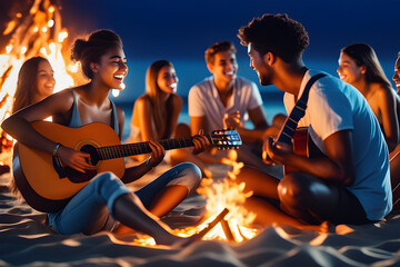 Blurred group of young people having fun sitting near bonfire on a beach at night playing guitar singing songs.Generative AI.