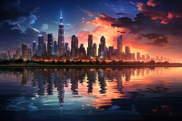 Fototapeta na wymiar A futuristic city skyline illuminated by neon lights, reflecting on the surface of a calm, reflective body of water.