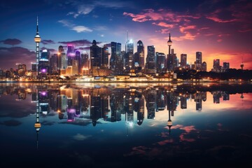 Fototapeta premium A futuristic city skyline illuminated by neon lights, reflecting on the surface of a calm, reflective body of water.