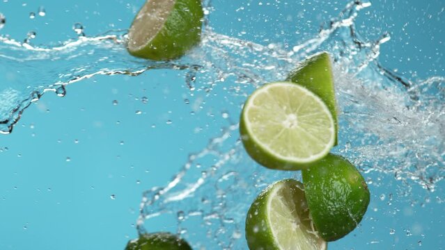 Limes and water splashing in slow motion