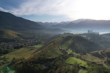 Drone view of the mountainous landscape of Mantiqueira, in Sao Francisco Xavier, at dawn in the winter of 2023