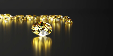 Round yellow diamond topaz Gem reflected placed on dark reflection background 3d rendering soft focus