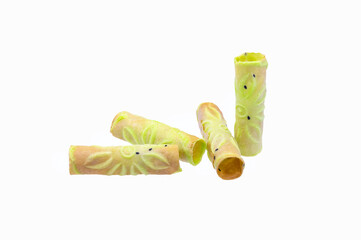  Thai Crispy golden curl pandan flavor( thong muan ) on white background close up,isolated