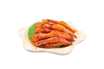 stretched shrimp in wooden plate on white background close up,isolated,thai seafood style,