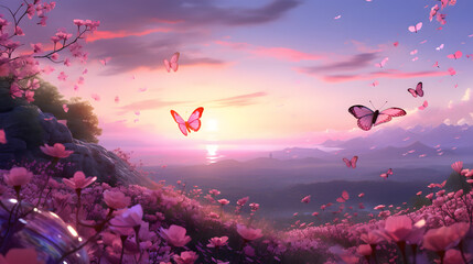 Dreamscape image with thousands of pink and purple butterflies
