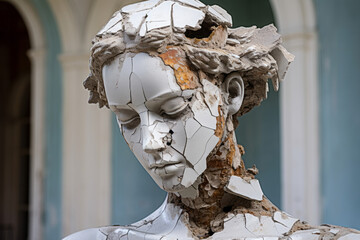 Fragmented Beauty: Cracked Statue of a Young Woman's Head