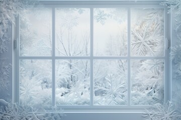 Snowflakes on the glass of the window. Close-up. Snow covered winter window and makes Christmas mood and copy space