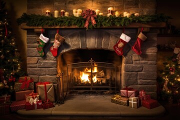 Nice interior Christmas. Magic glowing tree, fireplace with special socks for Santa Claus gifts in...