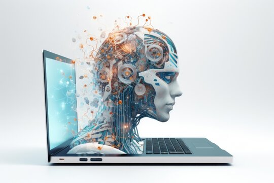 Robot head Chat with AI, Artificial Intelligence. Technology smart robot AI Concept, artificial intelligence by enter command prompt for generates something, Futuristic technology transformation.