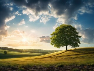 Obraz premium landscape with field and a single tree, blue evening sky with clouds, sunset