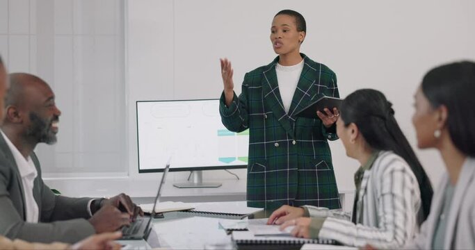 Workshop, presentation and black woman coaching with pitch for ideas, growth and development. Leadership, strategy and planning, female speaker or presenter at corporate conference or proposal.