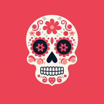 Minimalist sugar skull ornate on red background