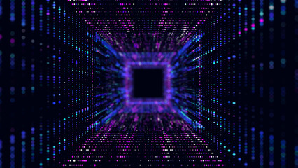 Obraz premium Technology wireframe square tunnel on dark background. Futuristic 3D wormhole grid. Digital dynamic wave. 3d rendering.