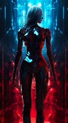 Obraz premium futuristic elegant woman in beautiful clothing, future cyberpunk concept, generative ai
