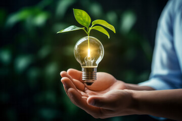 Creative concept of sustainability: Hand holding a light bulb with green leaves