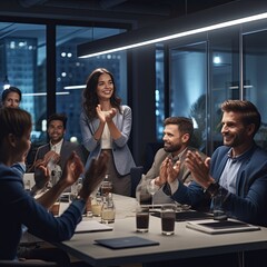 Coworkers applauding after success fullfil complete presentation in office conference room casual business conversation modern interior office background,success business agreement concept,ai generate