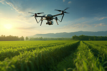 Aerial View of Agricultural Drone Surveying Vibrant Green Field