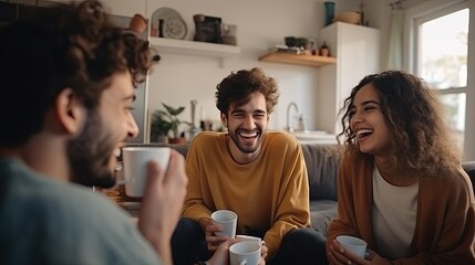 freshness home joyful relation bonding conversation friend sit sofa relax casual talking smile cheerful positive attitude stay together in living room at home,ai generate