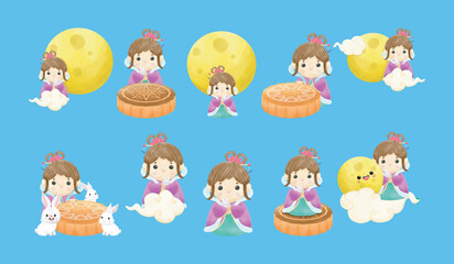 Mid autumn festival moon goddess, lady angel watercolor on blue blackground vector illustration 